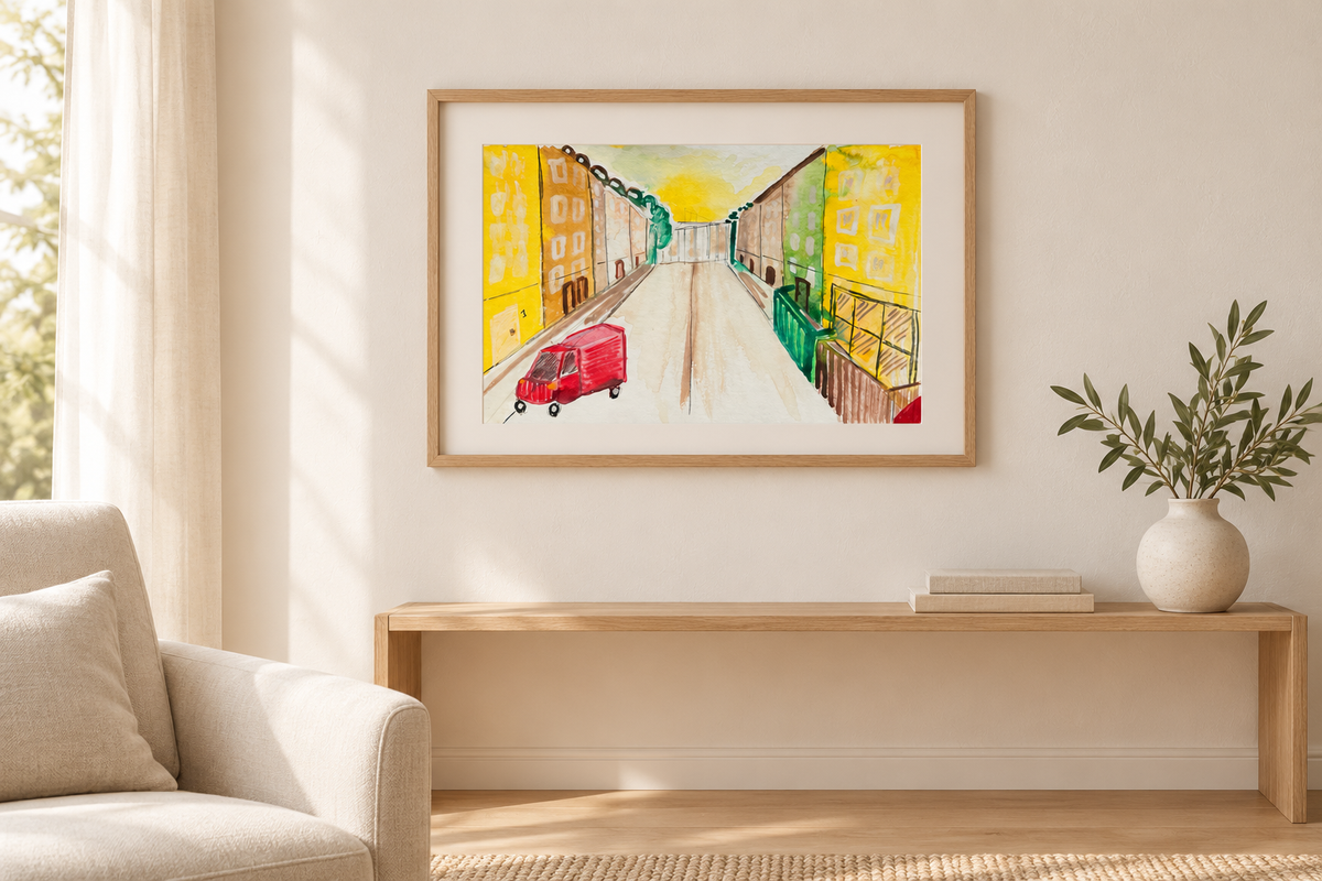 Sonnige Gasse - der rote Lieferwagen
